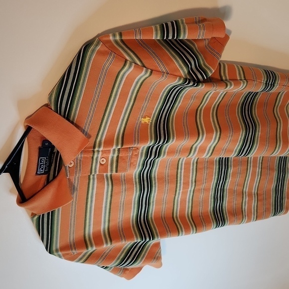 Ralph Lauren Polo Shirt 100% Cotton Men's Sz Small Orange/Blue Striped EUC NICE! - Picture 7 of 10